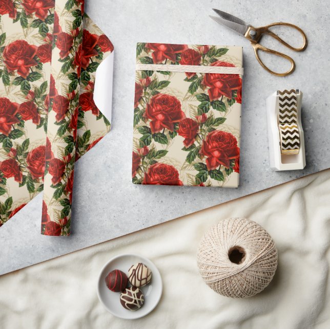 Elegant Vintage Red Roses Tan  Wrapping Paper (Crafts)
