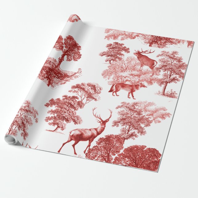 Elegant Vintage Red Toile Deer Fox in Forest Wrapping Paper (Unrolled)
