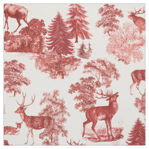 Elegant Vintage Red Toile Deer Woodland Fabric