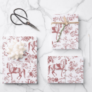 Elegant Vintage Red White Horse Floral Pattern Wrapping Paper Sheet