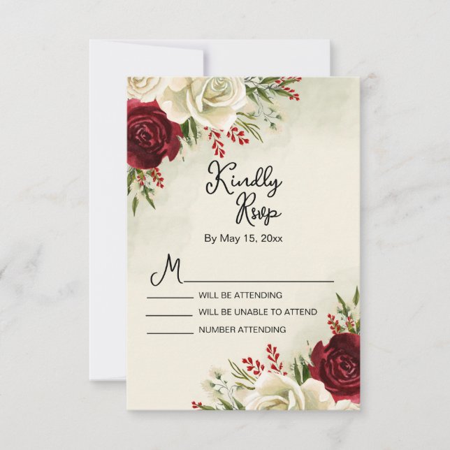 Elegant Vintage Red White Roses Wedding RSVP Card (Front)