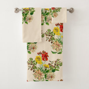 Elegant Vintage Red Yellow Floral Bath Towel Set