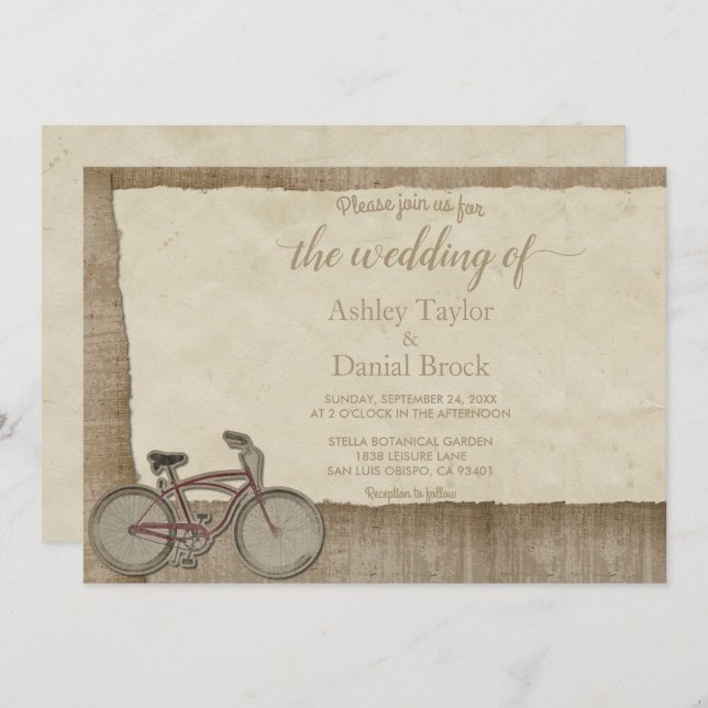 Elegant Vintage Retro Bicycle Rustic Wood Wedding Invitation (Front/Back)