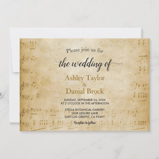 Elegant Vintage Retro Old Script Musical Wedding Invitation (Front)