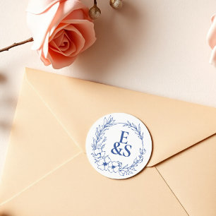 Elegant Vintage Romance Blue Monogram Wedding Classic Round Sticker