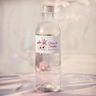 Elegant Vintage Romance Burgundy Floral Wedding Water Bottle Label
