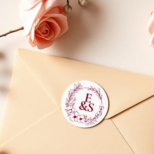Elegant Vintage Romance Burgundy Monogram Wedding Classic Round Sticker