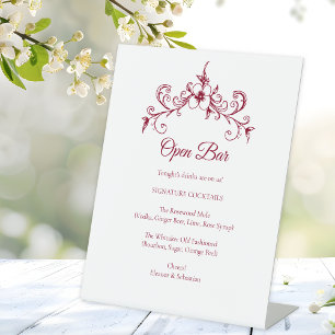 Elegant Vintage Romance Burgundy Wedding Open Bar Pedestal Sign