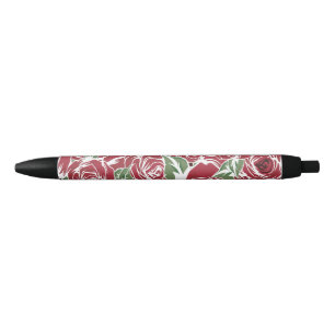 Elegant Vintage Rose Pattern - Red & Green Floral Black Ink Pen