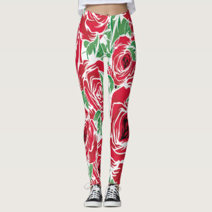 Elegant Vintage Rose Pattern - Red & Green Floral  Leggings