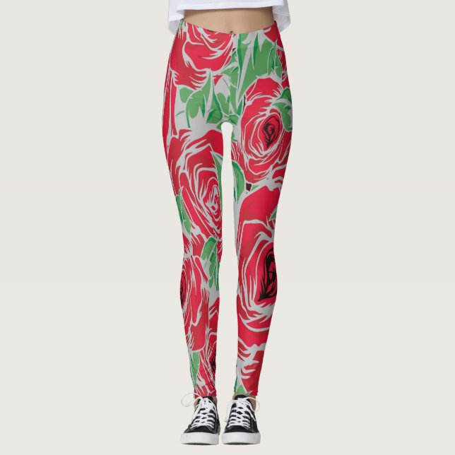 Elegant Vintage Rose Pattern - Red & Green Floral  Leggings (Front)