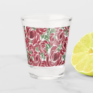 Elegant Vintage Rose Pattern - Red & Green Floral Shot Glass