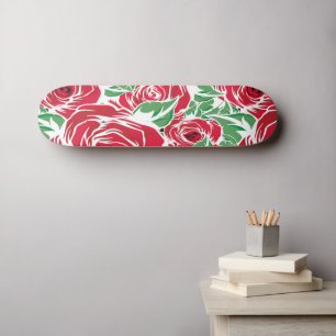 Elegant Vintage Rose Pattern - Red & Green Floral  Skateboard