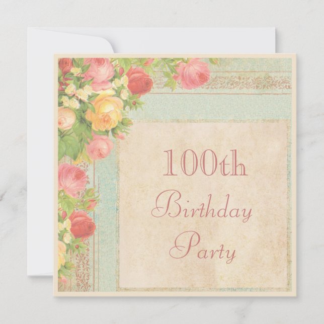 Elegant Vintage Roses 100th Birthday Party Invitation (Front)