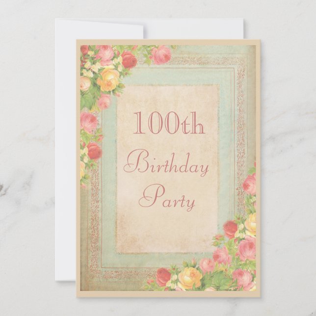 Elegant Vintage Roses 100th Birthday Party Invitation (Front)