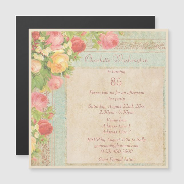 Elegant Vintage Roses 85th Birthday Party Magnetic Invitation (Front/Back)