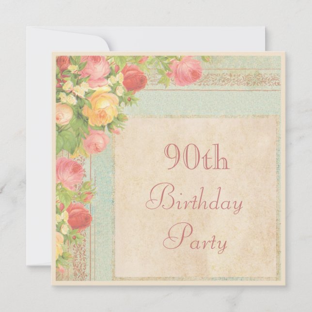 Elegant Vintage Roses 90th Birthday Party Invitation (Front)