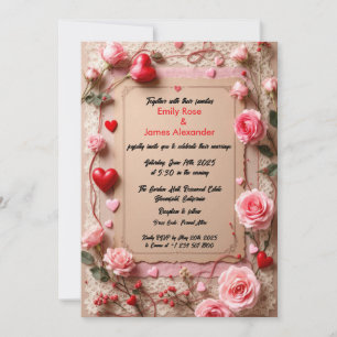 Elegant Vintage  Roses &Hearts wedding invitation