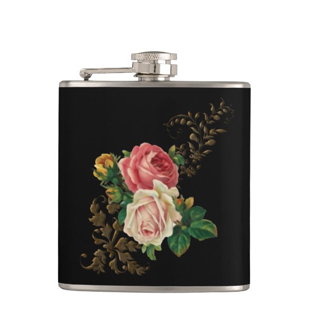 Elegant Vintage Roses Hip Flask (Front)