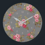 Elegant Vintage Roses on Grey Background Large Clock<br><div class="desc">Gorgeous sprays of elegant romantic pink roses and lush green foliage on dark grey background with optional centre floral graphic. Pattern is seamless and can be resized up or down using the scale   and - buttons in the design tool. Round elements and numbers are editable.</div>