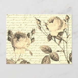 Elegant Vintage Roses on Handwriting French Script Postcard