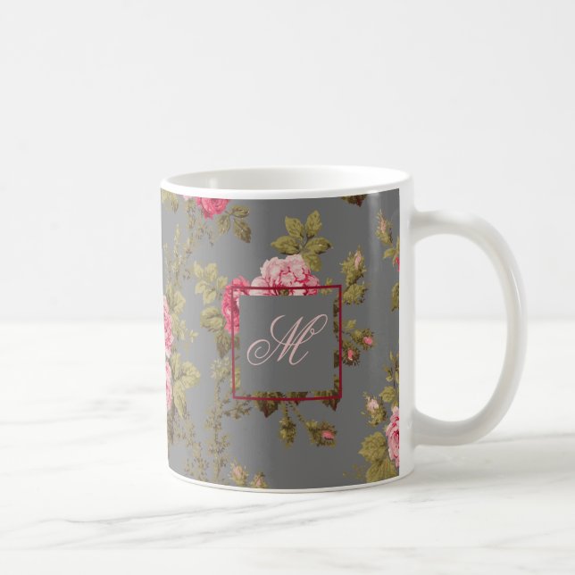 Elegant Vintage Roses w/Monogram-Grey Background  Coffee Mug (Right)