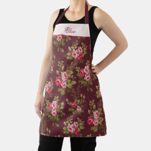 Elegant Vintage Roses w/Name-Maroon Background Apron