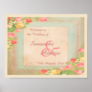 Elegant Vintage Roses Wedding Welcome Poster