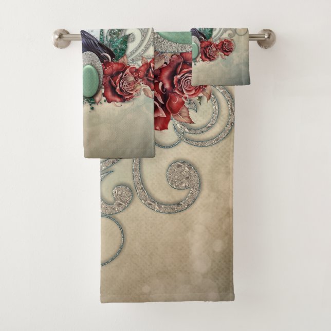 Elegant vintage roses with crow bath towel set (Insitu)