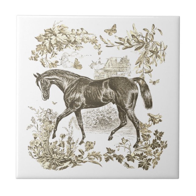 Elegant Vintage Rustic Beige Horse Floral Toile Ceramic Tile (Front)