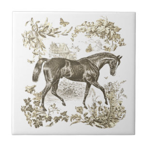 Elegant Vintage Rustic Beige Horse Floral Toile Ceramic Tile
