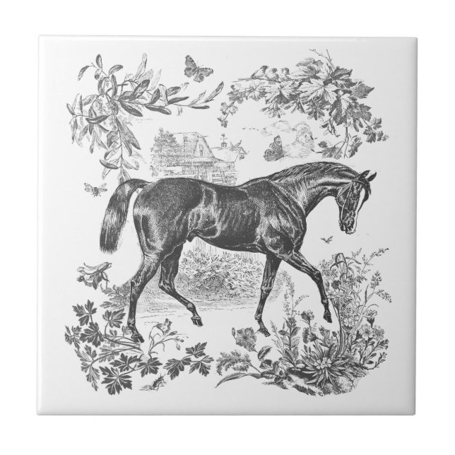 Elegant Vintage Rustic Black Horse Floral Toile Ceramic Tile (Front)