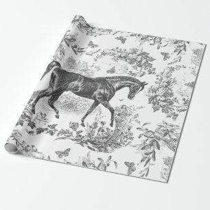 Elegant Vintage Rustic Black Horse Floral Toile Wrapping Paper