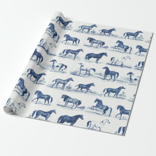 Elegant Vintage Rustic Blue Horse Breeds Toile Wrapping Paper