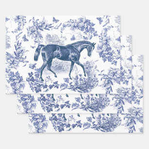 Elegant Vintage Rustic Blue Horse Floral Toile Wrapping Paper Sheet
