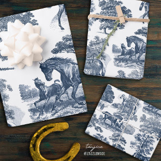 Elegant Vintage Rustic Blue Horses Country Toile Wrapping Paper Sheet