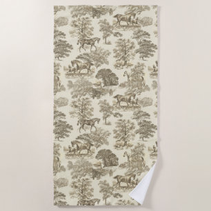 Elegant Vintage Rustic Gold Beige Horses Toile Beach Towel