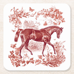 Elegant Vintage Rustic Red Horse Floral Toile Square Paper Coaster