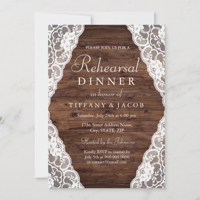 Elegant Vintage Rustic Wood Lace Rehearsal Dinner Invitation (Front)