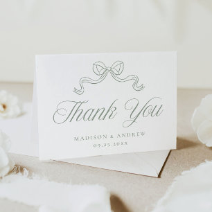 Elegant Vintage Sage Green Bow Photo Wedding Thank You Card