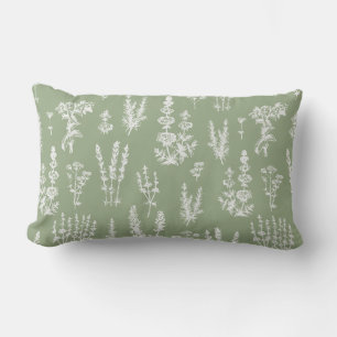 Elegant Vintage Sage Green Herbal Garden Pattern Lumbar Cushion