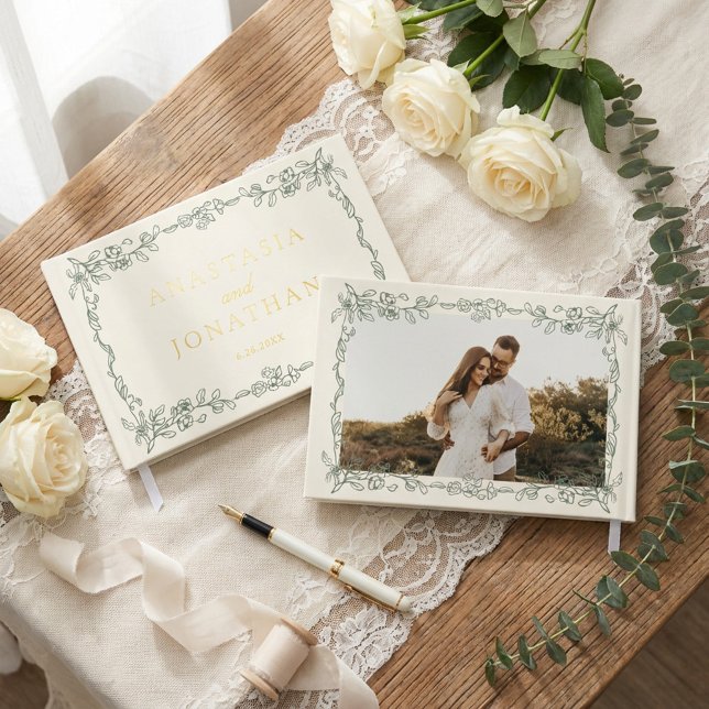 Elegant Vintage Sage Green Photo Wedding  Guest Book (Creator Uploaded)
