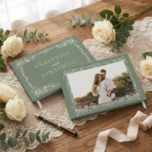 Elegant Vintage Sage Green Photo Wedding Guest Book
