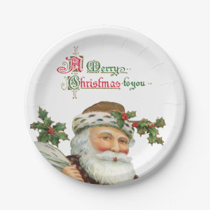 Elegant Vintage Santa and Holly Paper Plate