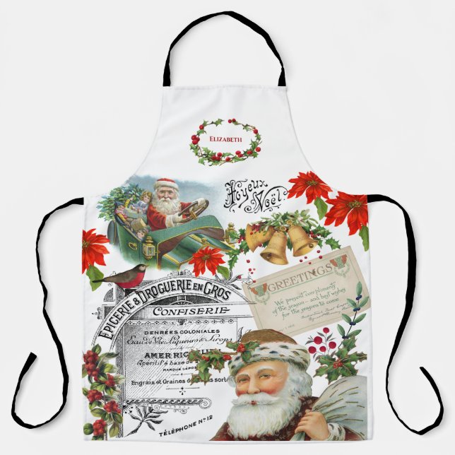 Elegant Vintage Santa Collage Christmas Apron (Front)