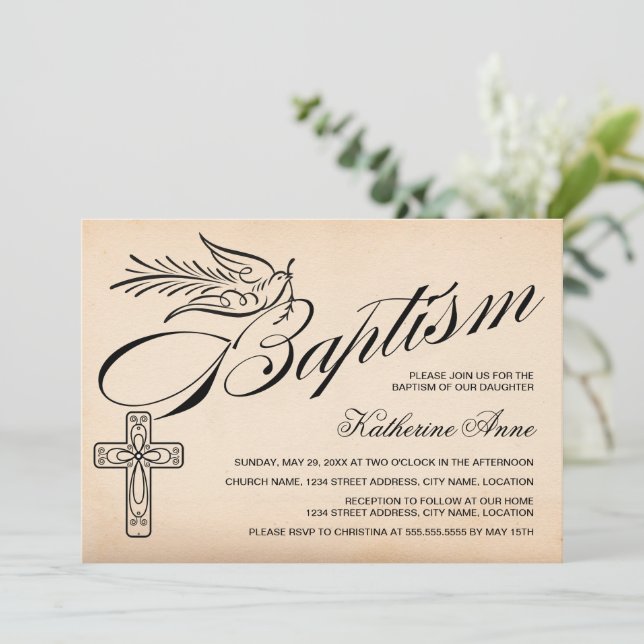 Elegant Vintage Script Cross and Dove Baptism Invitation (Standing Front)