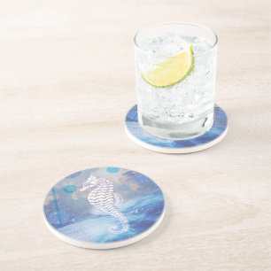 Elegant Vintage Seahorse Blue Ocean Waves Coaster