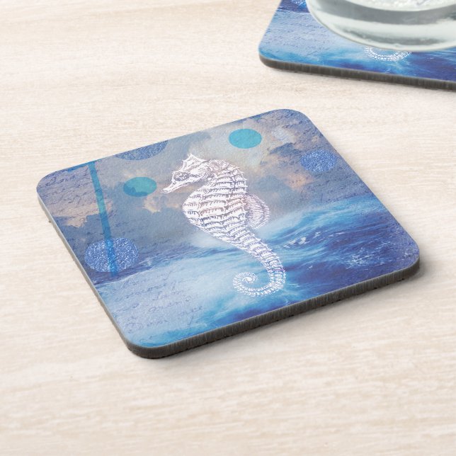 Elegant Vintage Seahorse Blue Ocean Waves Coaster (Left Side)