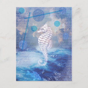 Elegant Vintage Seahorse Blue Ocean Waves Holiday Postcard