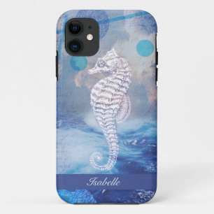 Elegant Vintage Seahorse Blue Ocean Waves Name  iPhone 11 Case